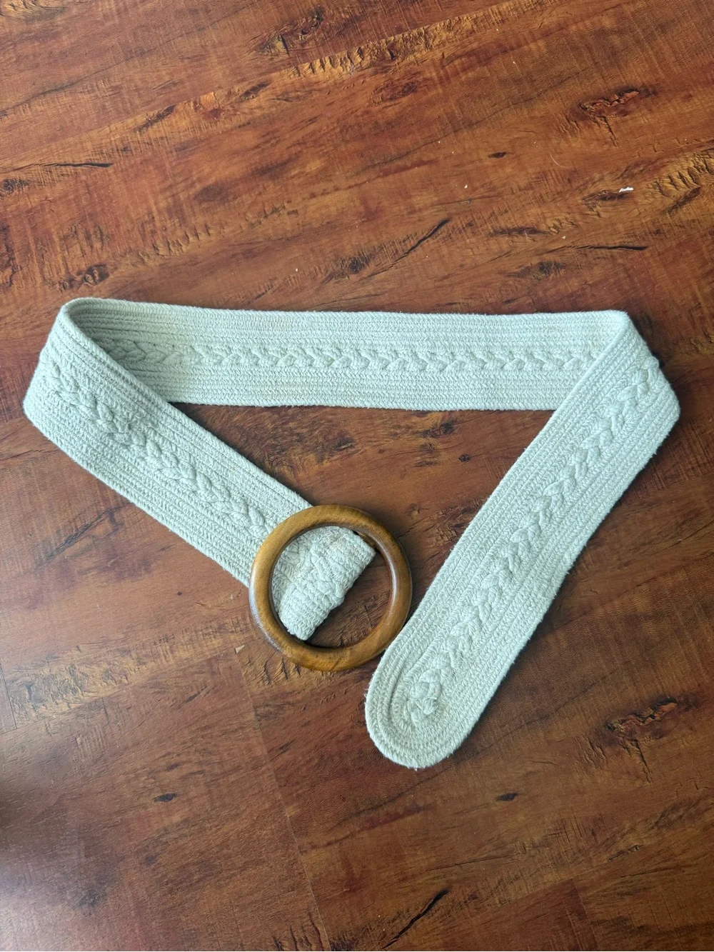Wooden Ring Belt with Braided Cream Strap